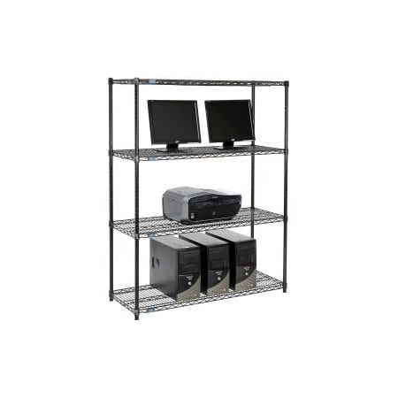 Global Equipment Nexel     4-Shelf Wire Computer LAN Workstation, 48"W x 18"D x 63"H, Black 695401BK